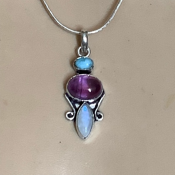 🌸 AMETHYST NECKLACE TRIPLE STONE PENDANT TURQUOISE MOONSTONE CELTIC GODDESS GEM - Picture 5 of 12